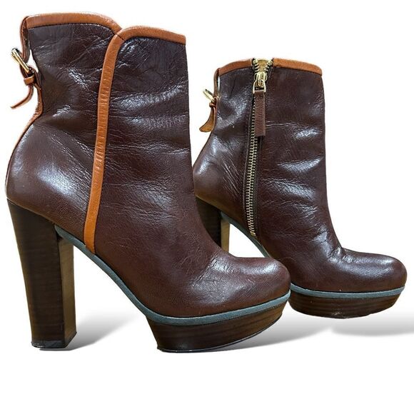 Revolve Nine West Chocolate Leather , Blue Suede Platform Buckle Ankle Boots - Picture 2 of 11